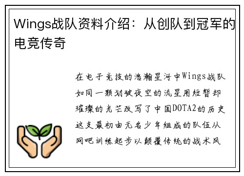 Wings战队资料介绍：从创队到冠军的电竞传奇