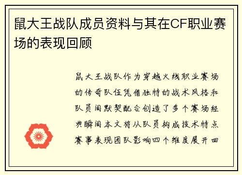 鼠大王战队成员资料与其在CF职业赛场的表现回顾